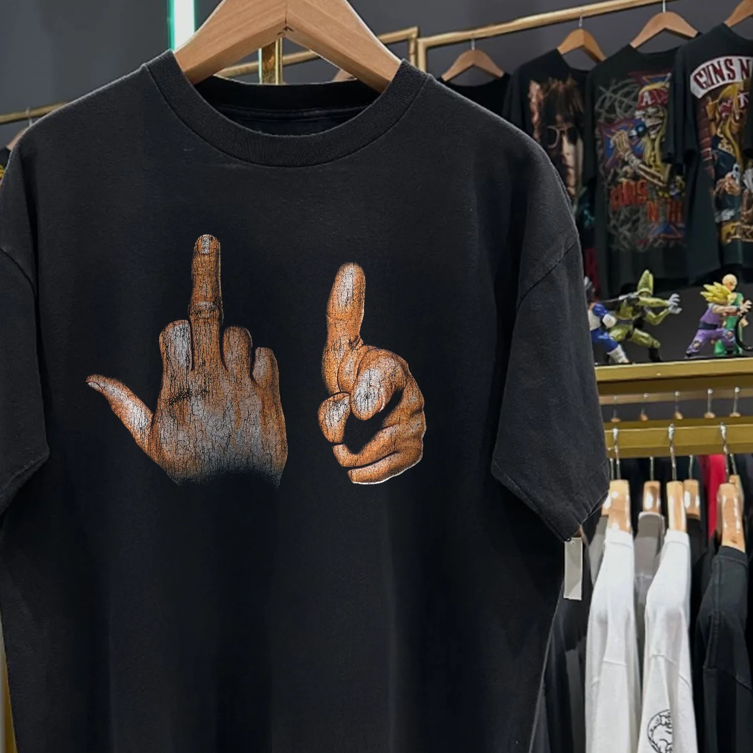 90s Two-Finger Salute Rare Washed Black T-Shirt - Image 5