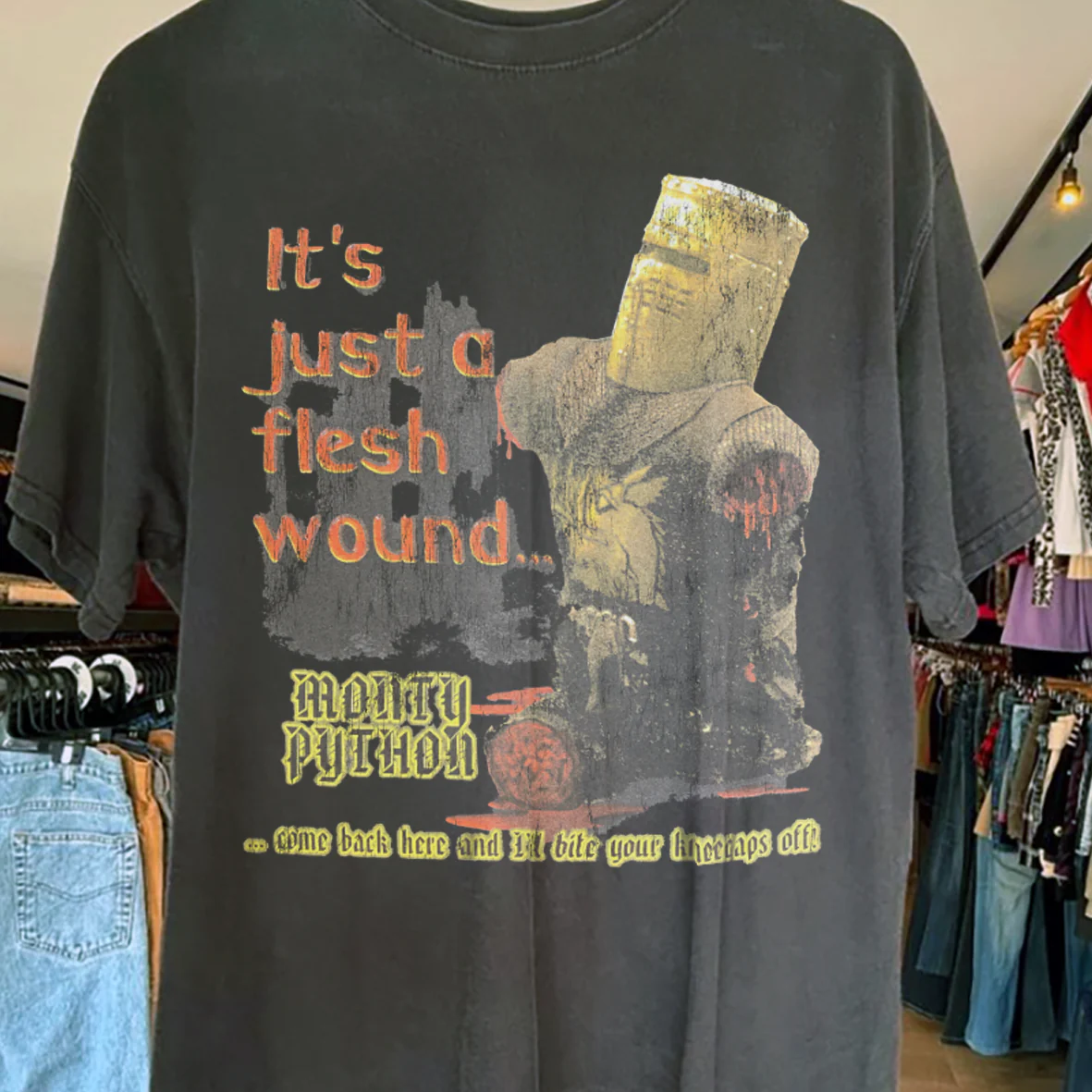 It's Just A Flesh Wound Monty Pythons 2001 Promo Vintage Washed Black T-Shirt - Image 2