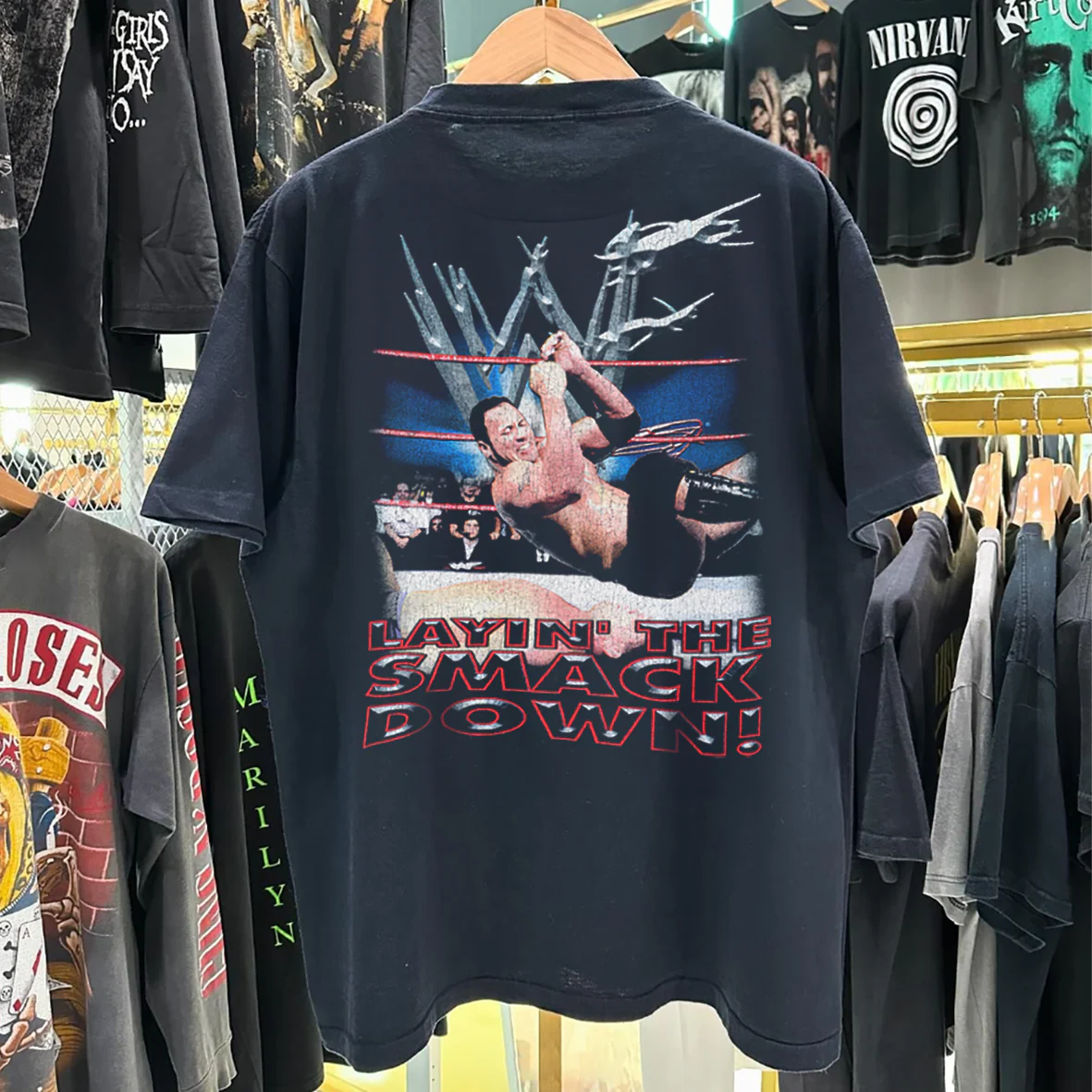 The Rock Layin' The Smack Down 90's Vintage Washed Black T-Shirt - Image 2